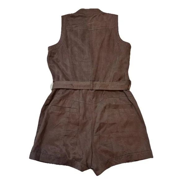 RARE Y2K Cache Tencel Romper Size S Gold Buttons Belted Mock Neck Breathable - Picture 2 of 9